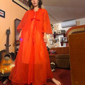 1970s sheer rose bellsleeve robe ruched lingerie peignoir set!